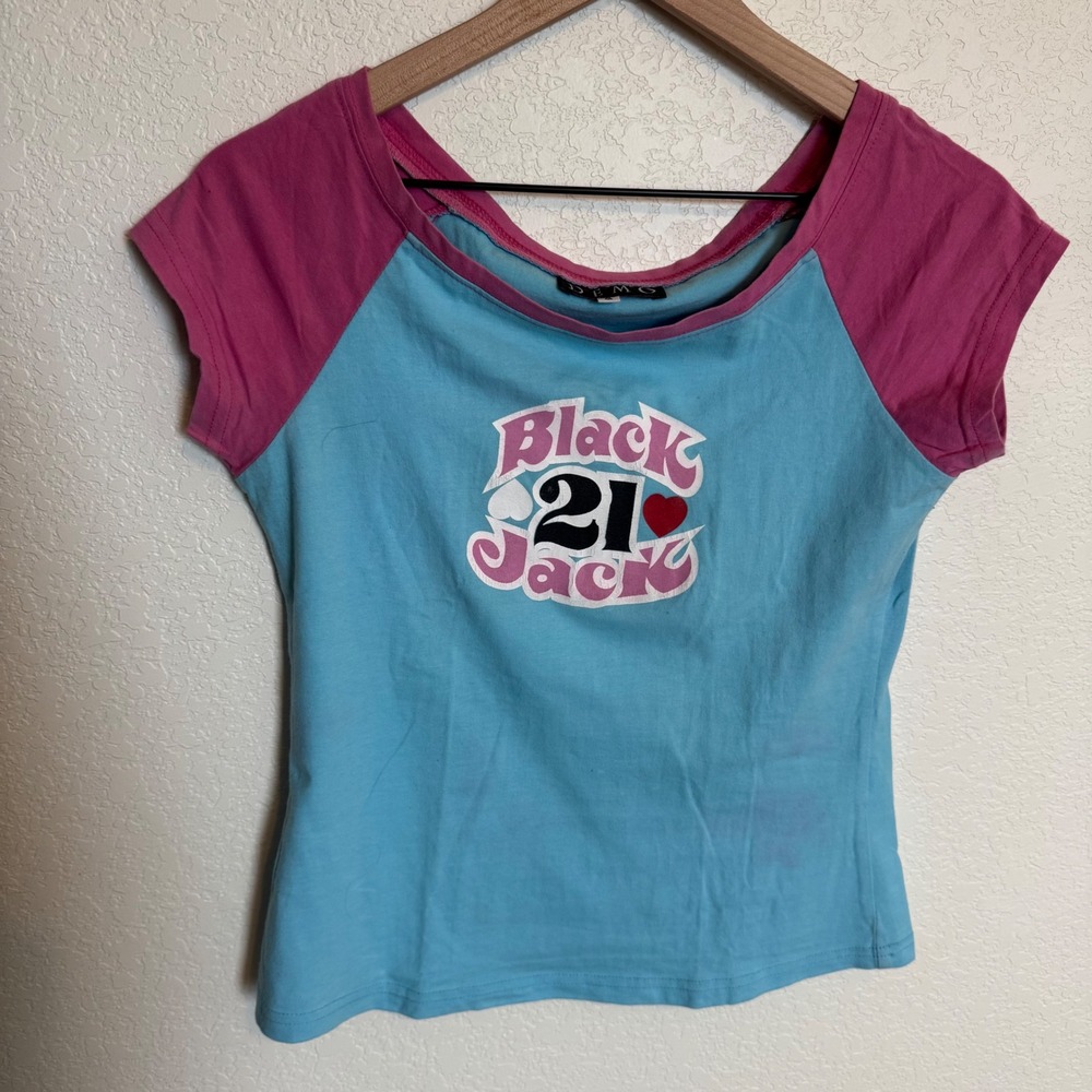 Y2K Cyber Retro Baby Tee Demo Short Sleeve Top Size Large Blue Pink - Picture 2 of 4